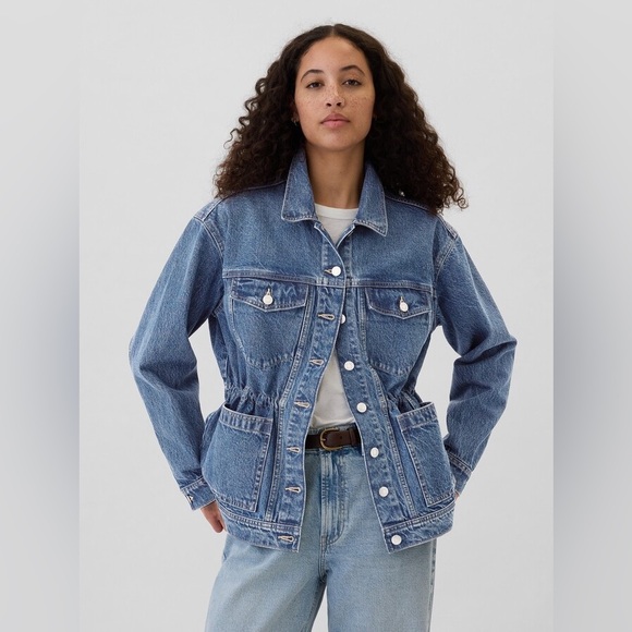High-Neck Cinched Waist Jacket with Oversized Sleeves - Gray main image 1